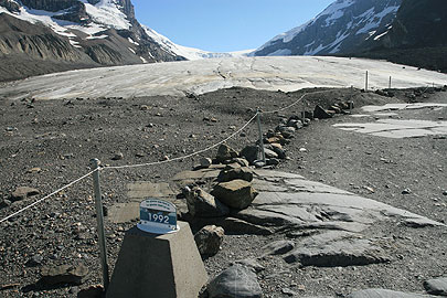 Markers show the dramatic retreat of the Athabasca Glacier, photo Judd Patterson in a Feb 08 Toronto Star article
