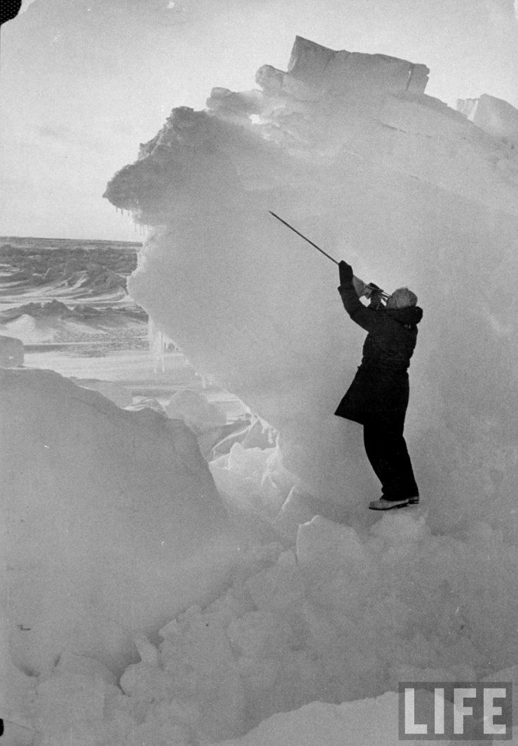 In this September 1952 photo from LIFE magazine, scientist Albert P. Carey uses a pole to searching for microscopic organisms or anything else imbedded in hummocked packed ice (photo George Silk)