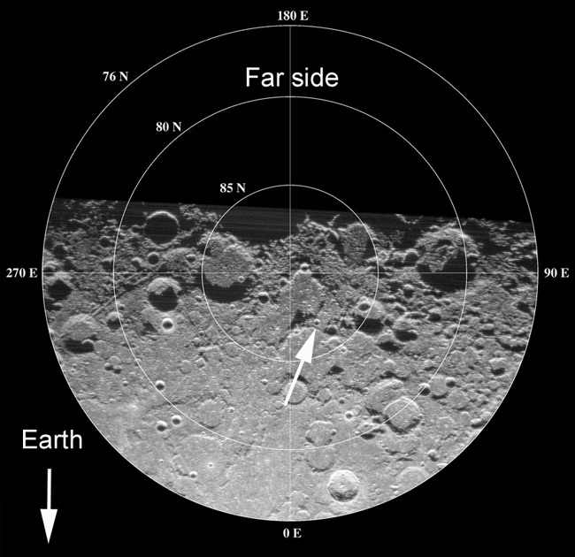 380726main_erlanger_earthSAR_med Low resolution Earth-based radar image of the North Pole of the Moon, pointing out the crater Erlanger (Arecibo Radiotelescope Puerto Rico, photo NASA website)