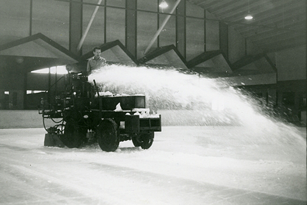 A Zamboni ice resurfacing prototype at Paramount Iceland in the 1940's (photo courtesy the Zamboni trivia page, http://www.zamboni.com/trivia/snapshotspg2%20-%20Evolution.html)